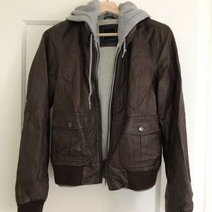 Obey brown leather jacket with hood